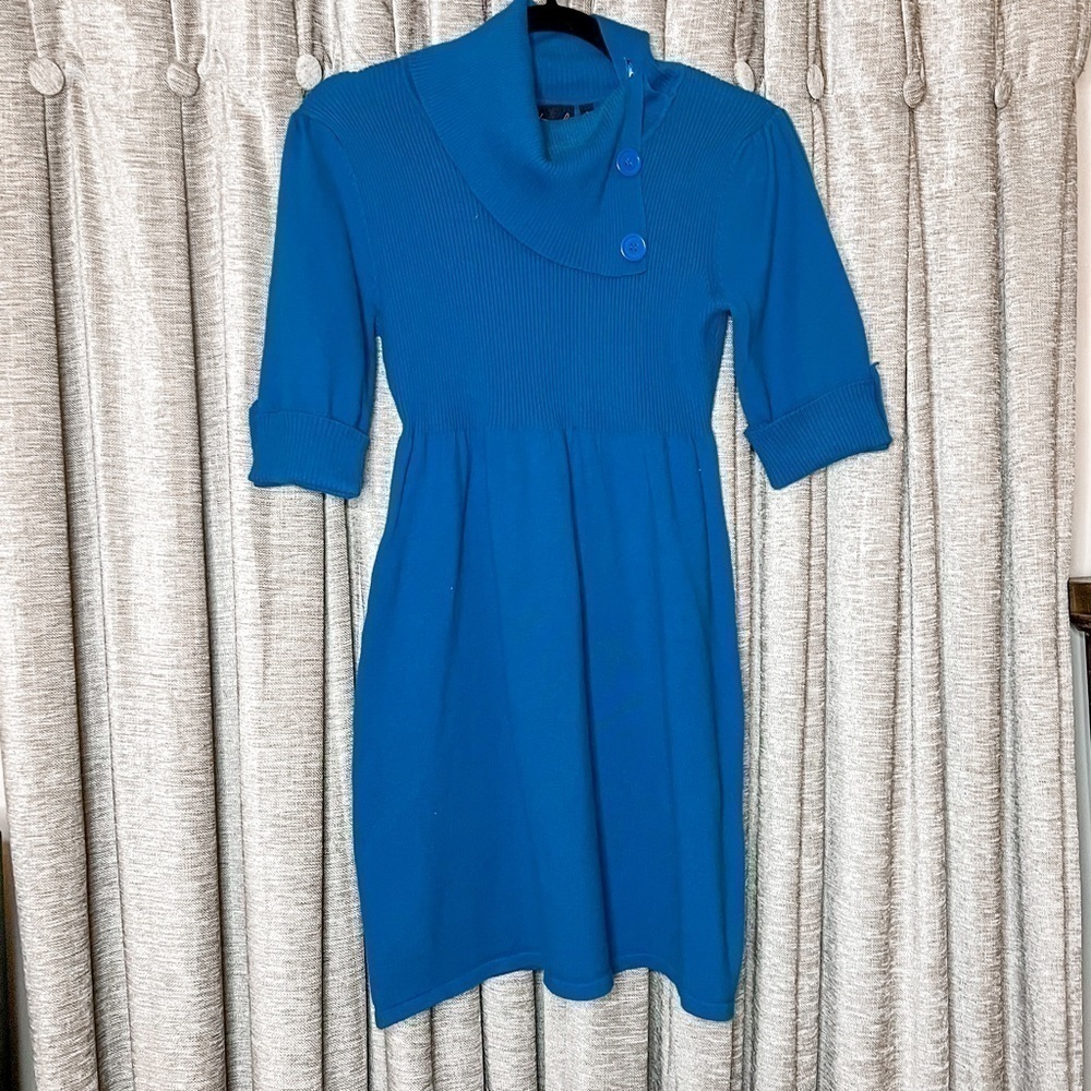 Take Out Turquoise Turtleneck Button Accent Elbow Length Sweater Dress Large